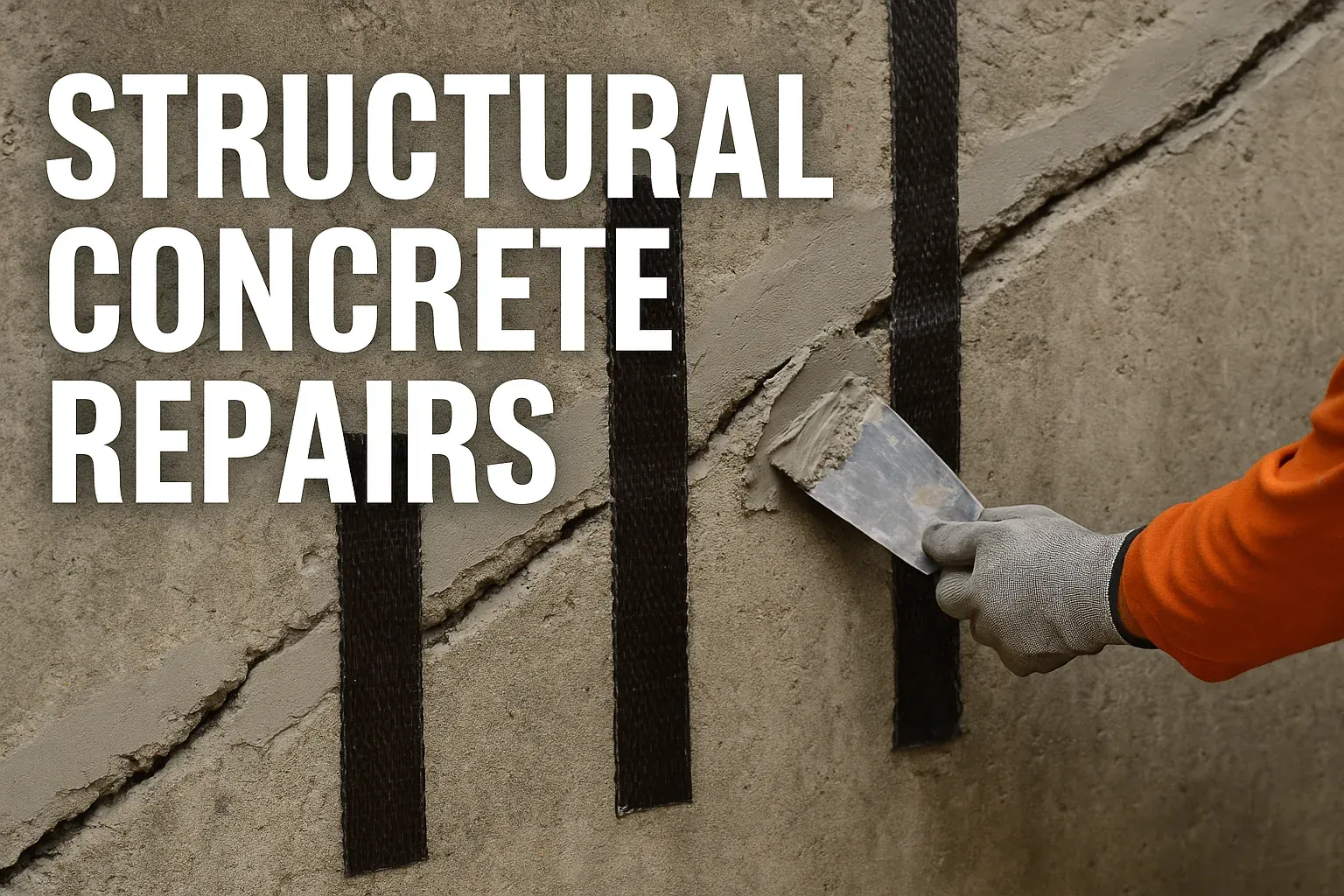 Carbon fibre straps being bonded across a cracked concrete block foundation wall