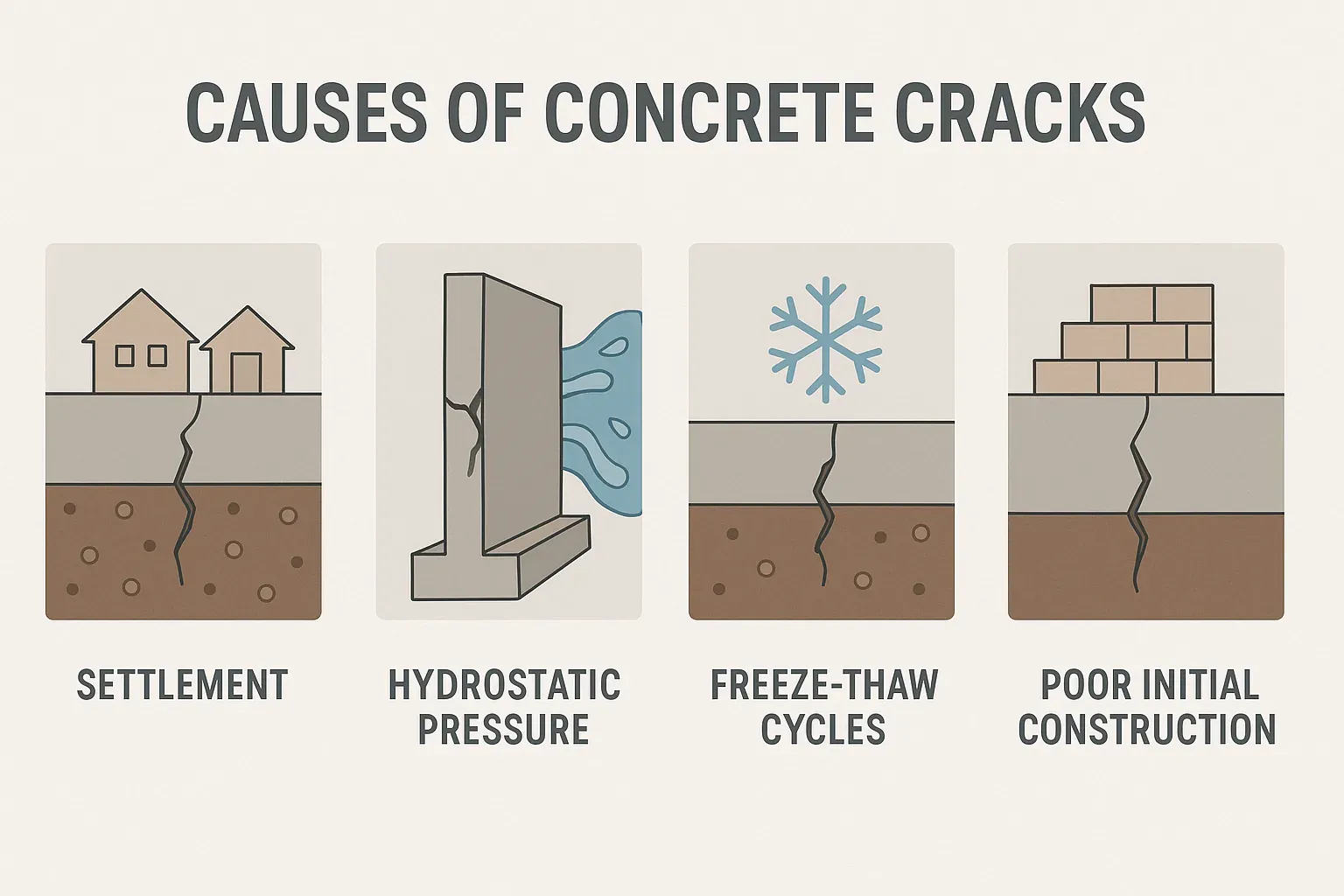 Diagram of four causes of concrete cracks: settlement, hydrostatic pressure, freeze-thaw cycles and poor initial construction