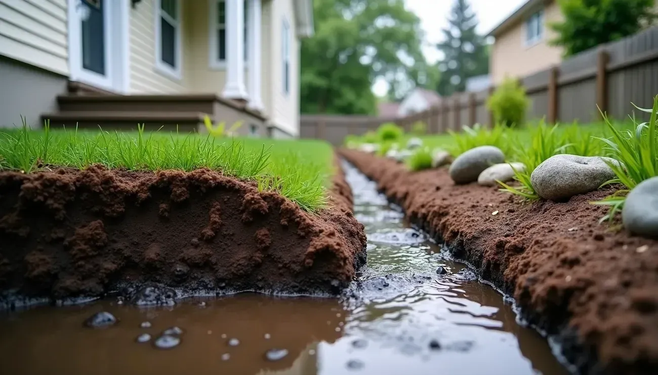 Water running along an open exterior drainage trench beside a house