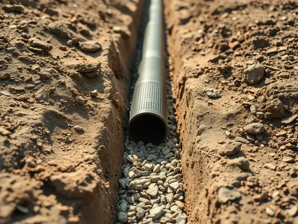 Perforated drain pipe bedded in clean washed stone in an open trench, before backfilling