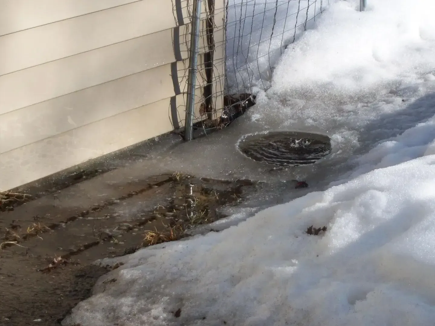 Melting snow and standing water against the base of a house wall beside a yard drain