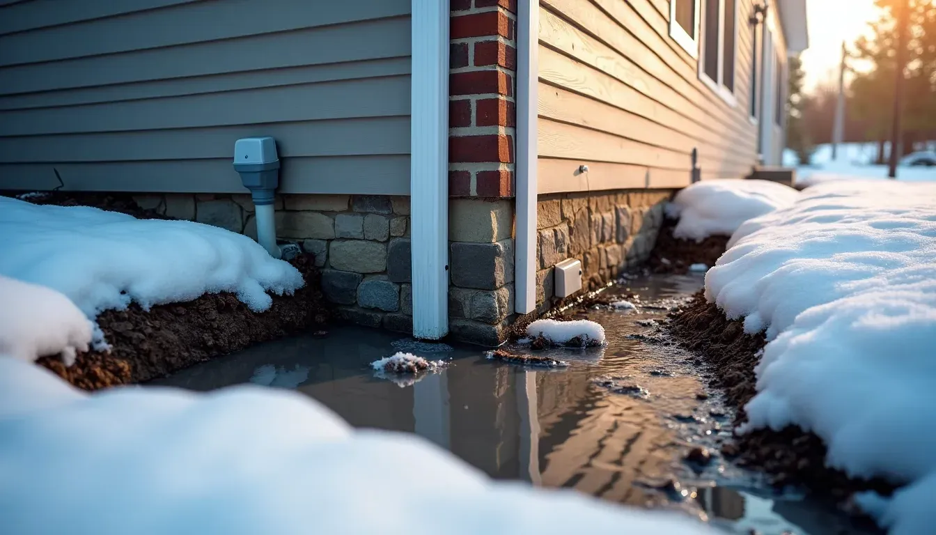 Snowmelt and standing water pooling against the foundation of a house in early spring
