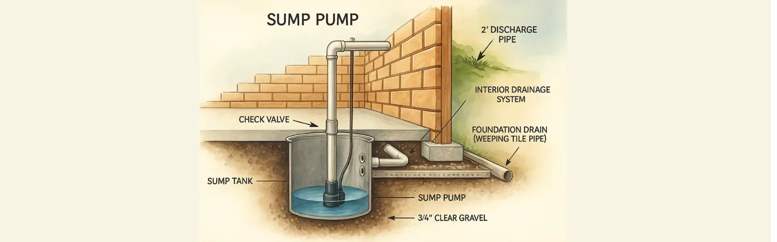 Cutaway diagram of a sump pump set in a sealed basin below a basement floor, with its discharge line