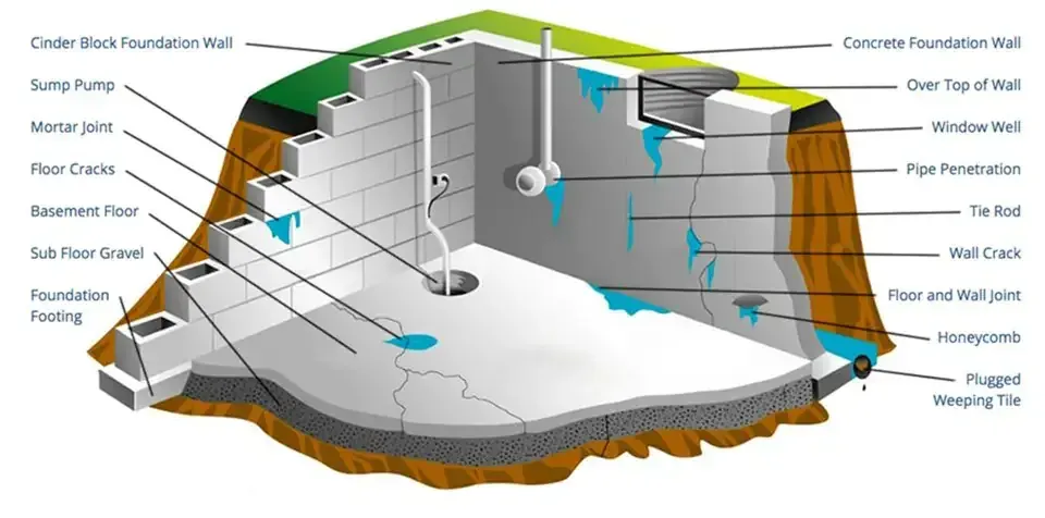 Cutaway diagram labelling where water enters a basement: wall cracks, tie rods, mortar joints, the floor and wall joint, honeycomb, window wells and plugged weeping tile